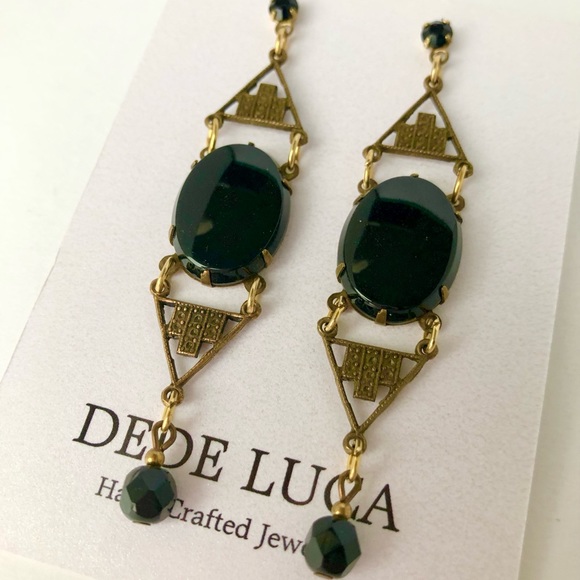 Vintage inspired Black stones and Brass drop earrings. New lightweight - Picture 2 of 6